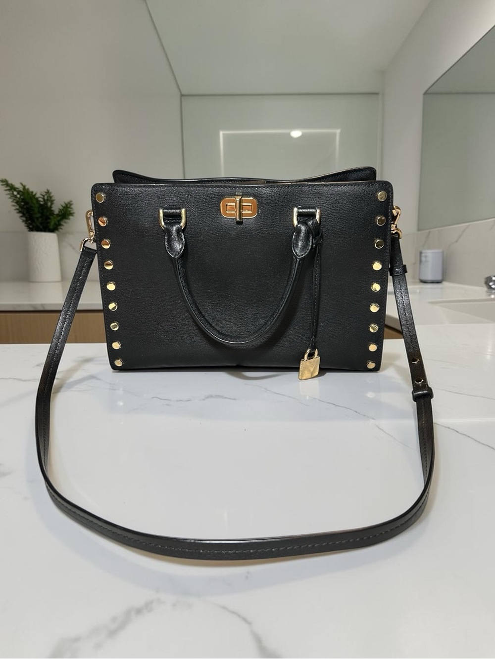 Michael Kors Large Sylvie Black Leather Satchel with Gold Stud Accents